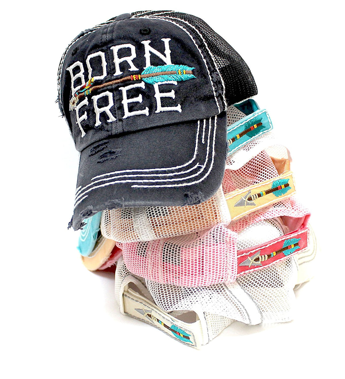 NEW!! OCEAN SUNSET COLLECTION--Turquoise Meshback "BORN FREE" Vintage Trucker Hat - Caps 'N Vintage 