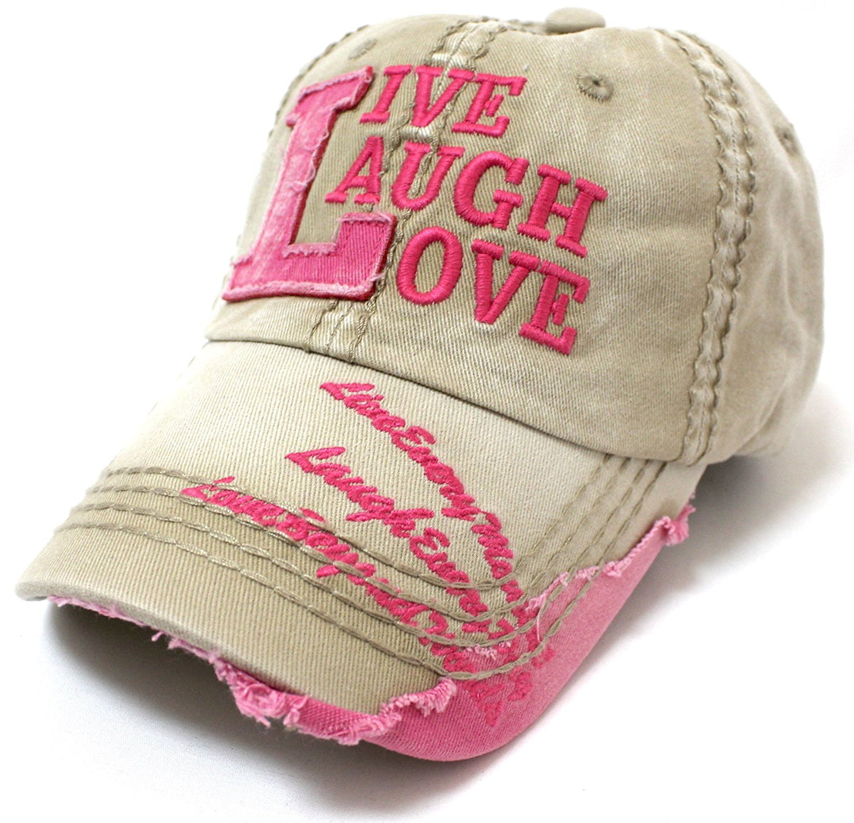 KHAKI Vintage Cap w/ Barbie PINK "LIVE LAUGH LOVE" Patch Embroidery Details - Caps 'N Vintage 