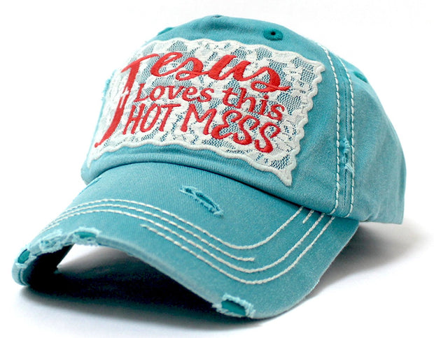 Turquoise Jesus Loves This Hot Mess Lace Embroidery Cap - Caps 'N Vintage 