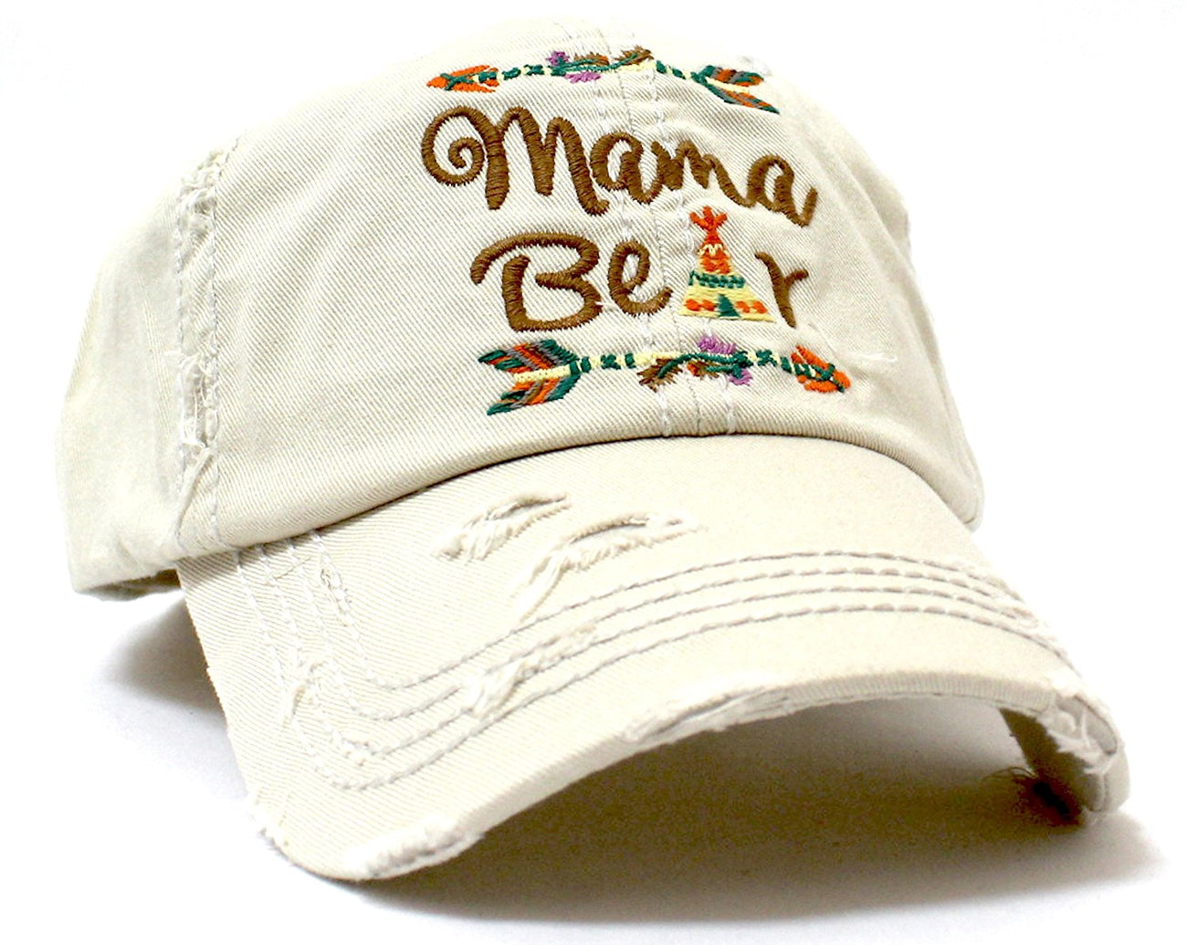 STONE "Mama Bear" Cap w/ Distressed Detail & Tribal Arrow Native Theme Embroidery - Caps 'N Vintage 