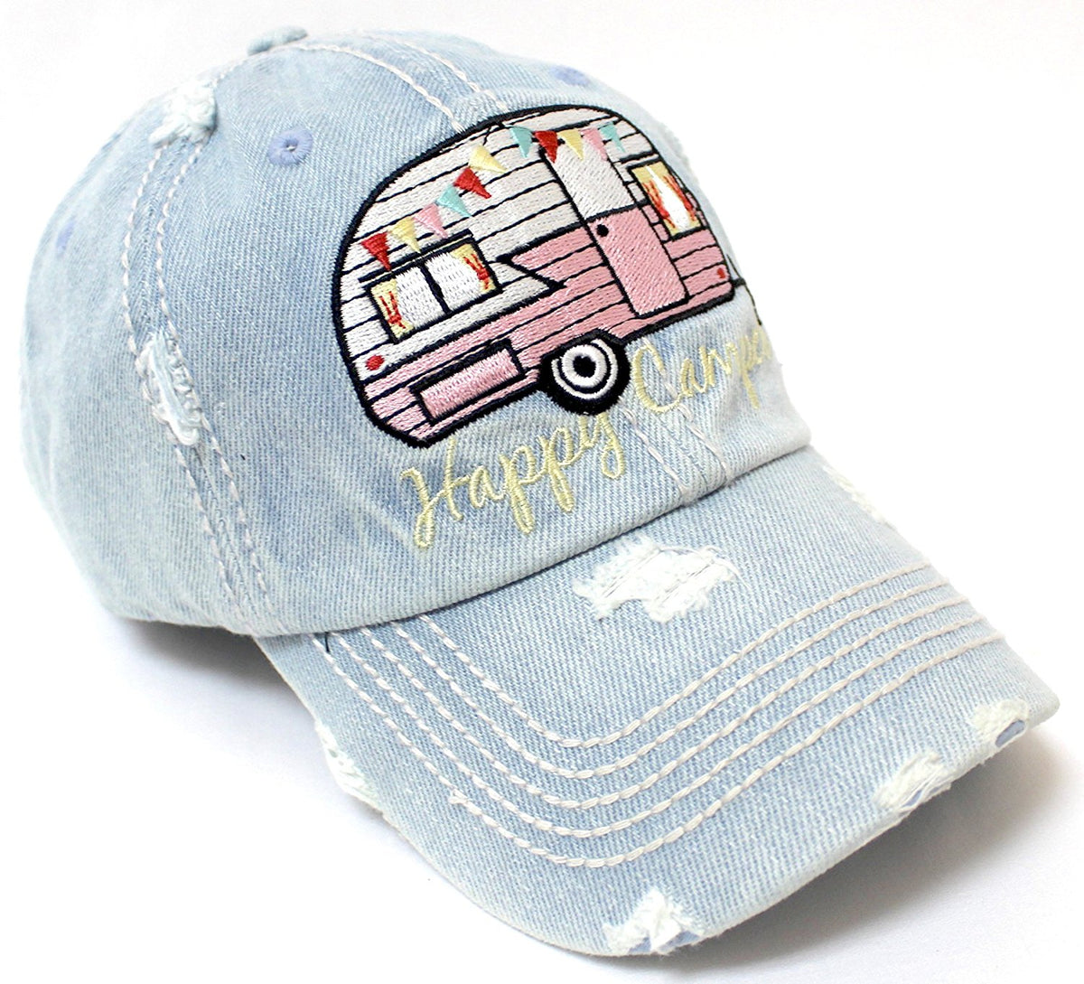 Vintage-Denim Washed "Happy Camper" Patch Embroidery Baseball Cap - Caps 'N Vintage 