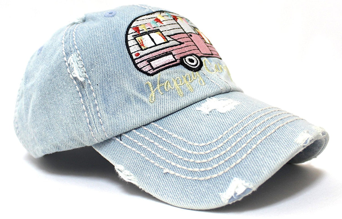Vintage-Denim Washed "Happy Camper" Patch Embroidery Baseball Cap - Caps 'N Vintage 
