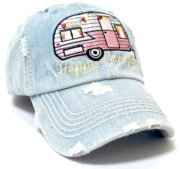 Vintage-Denim Washed "Happy Camper" Patch Embroidery Baseball Cap - Caps 'N Vintage 