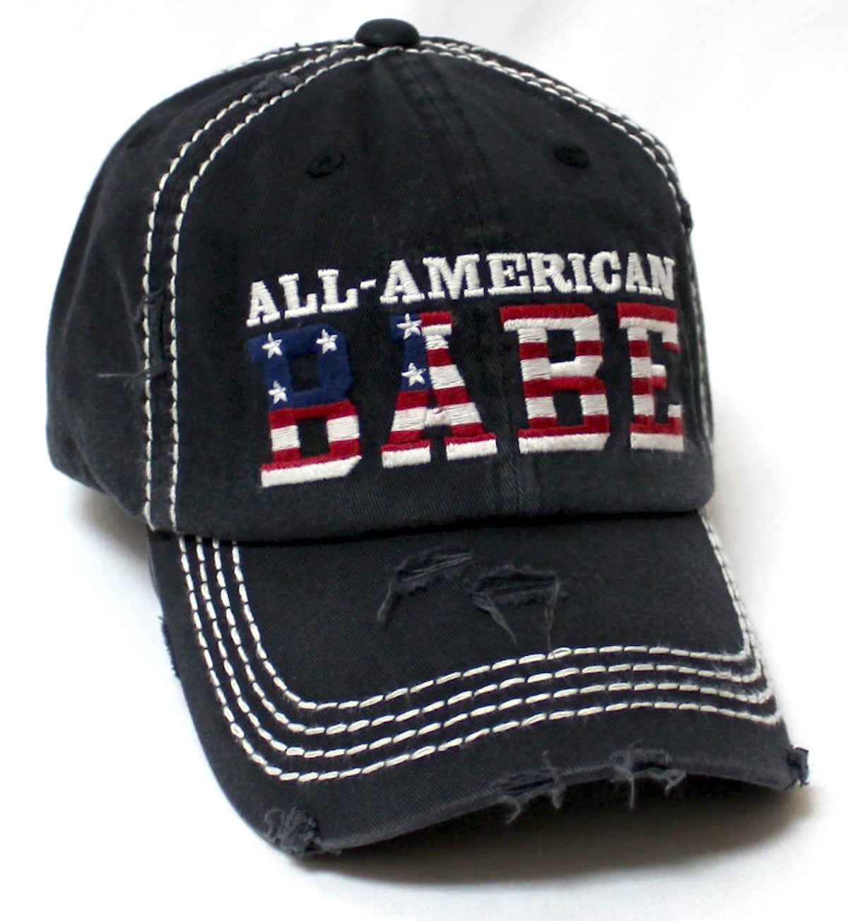 Women's Distressed Baseball Cap All-American Babe American Flag, Heart Monogram Embroidery Hat