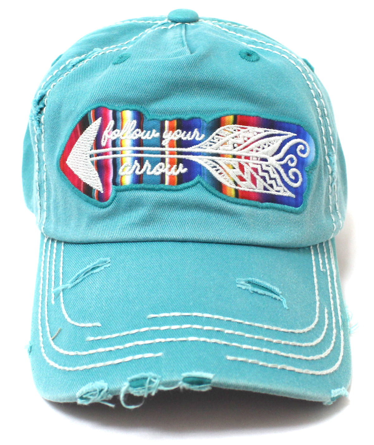TURQUOISE "Follow Your Arrow" Embroidery Patched, Serape-Color Theme Distressed Cap - Caps 'N Vintage 