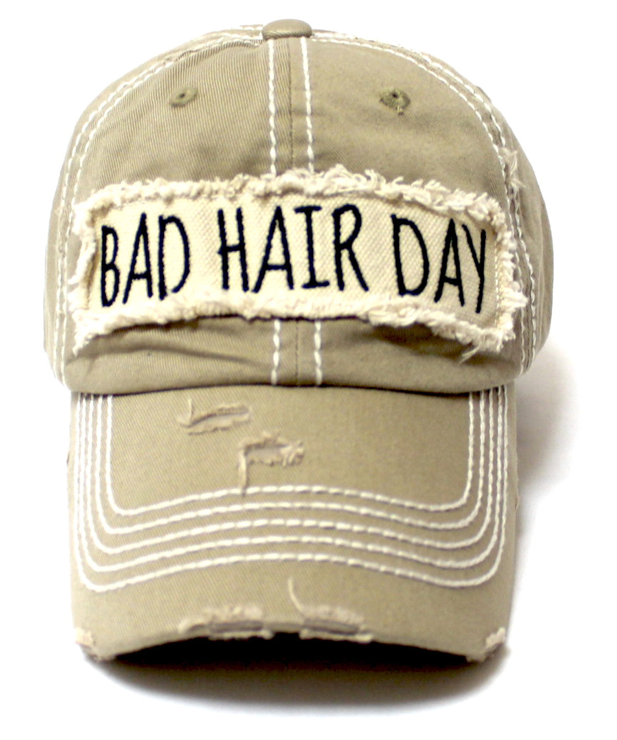 New! Khaki "BAD HAIR DAY" Embroidery Patch Baseball Cap - Caps 'N Vintage 