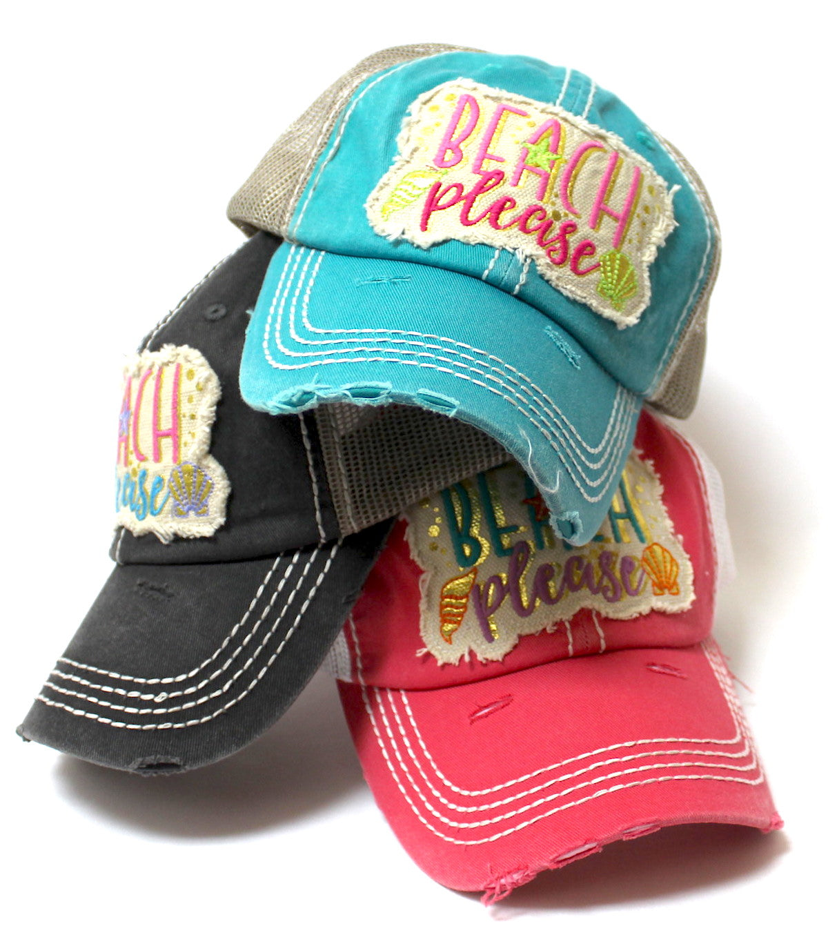 Women's Vintage Trucker Hat Beach Please Patch Embroidery Graphic, Coral Rose - Caps 'N Vintage 