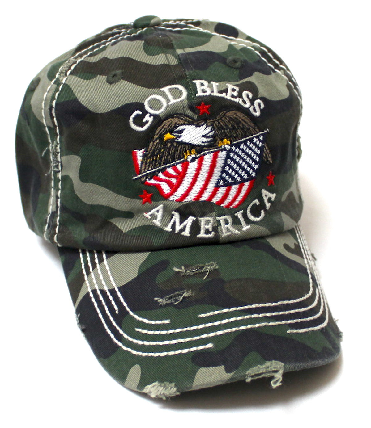 Distressed Adjustable Ballcap God Bless America Eagle USA Flag Monogram Embroidery Hat, Army Camoflauge - Caps 'N Vintage 
