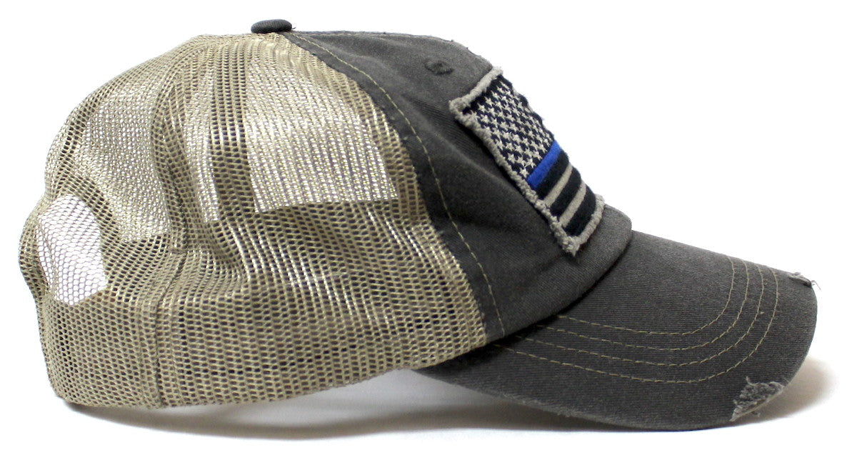 Classic Trucker Ballcap Blue Line Patriotic USA Police Department Memorial American Flag Patch Hat, Vintage Charcoal