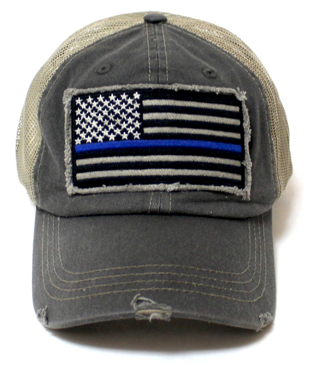 Classic Trucker Ballcap Blue Line Patriotic USA Police Department Memorial American Flag Patch Hat, Vintage Charcoal
