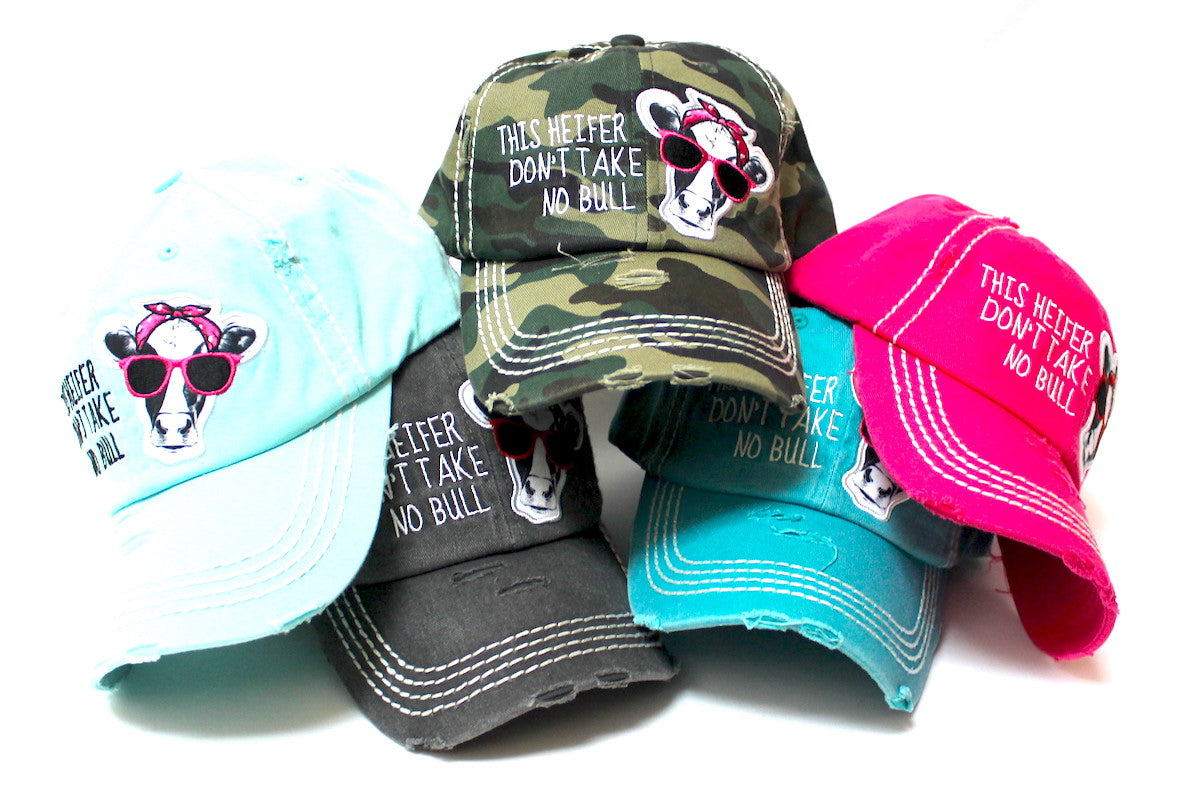 Country Humor Cap This Heifer Don't TAKE NO Bull Red Western Bandana Cow Patch Baseball Hat, Army Camoflauge - Caps 'N Vintage 