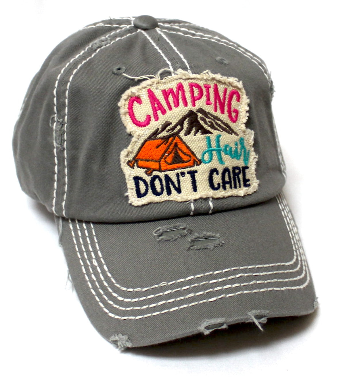 CAPS 'N VINTAGE Women's Distressed Baseball Cap Camping Hair Don't Care Patch Embroidery Monogram Hat