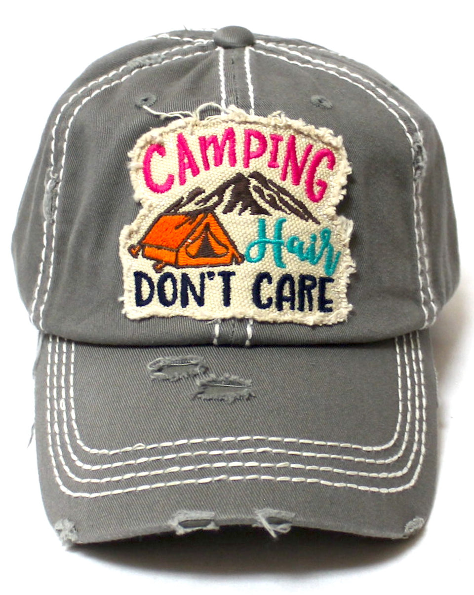 CAPS 'N VINTAGE Women's Distressed Baseball Cap Camping Hair Don't Care Patch Embroidery Monogram Hat