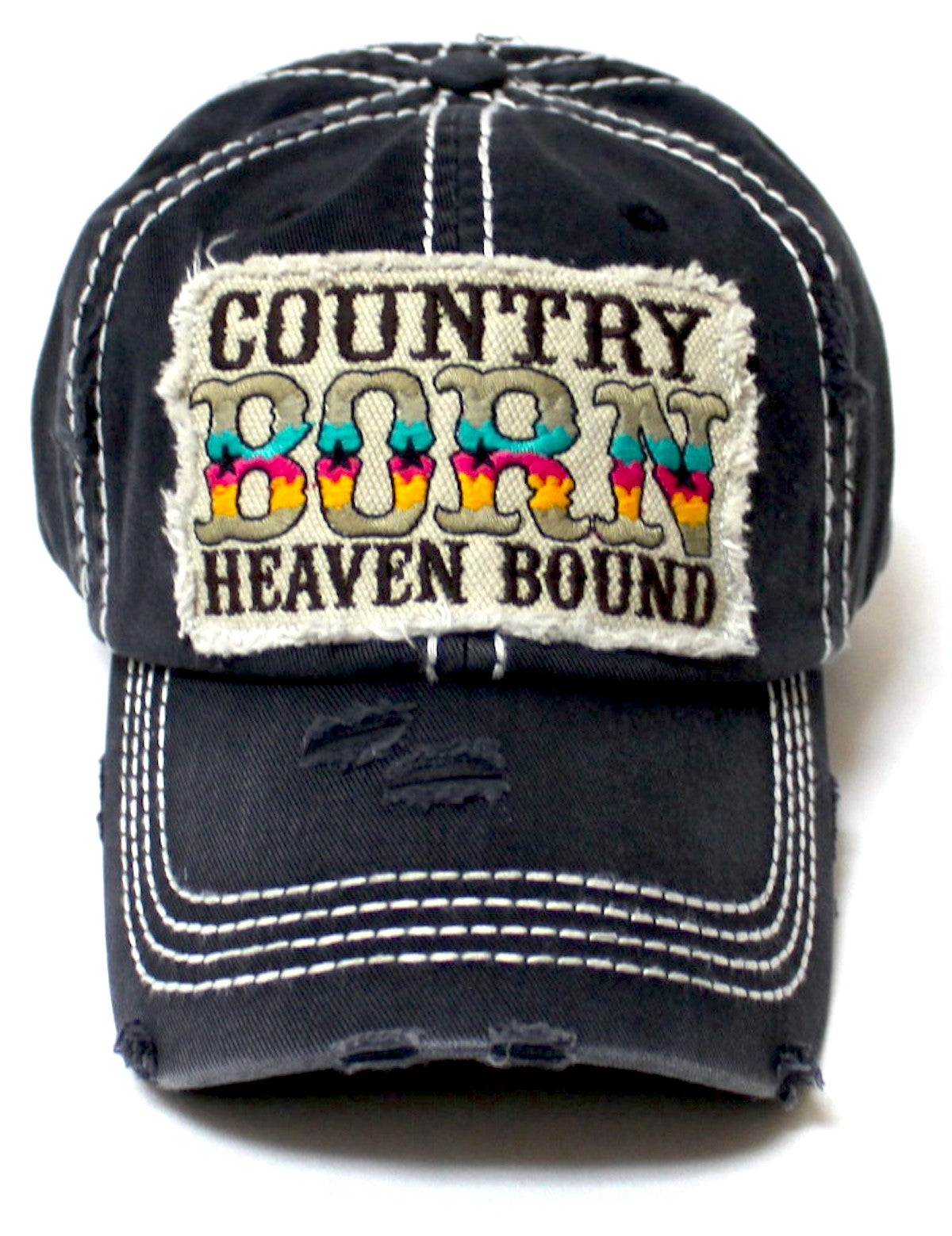 Women's Distressed Ballcap Country Born Heaven Bound Western Themed Patch Embroidery Hat, Black
