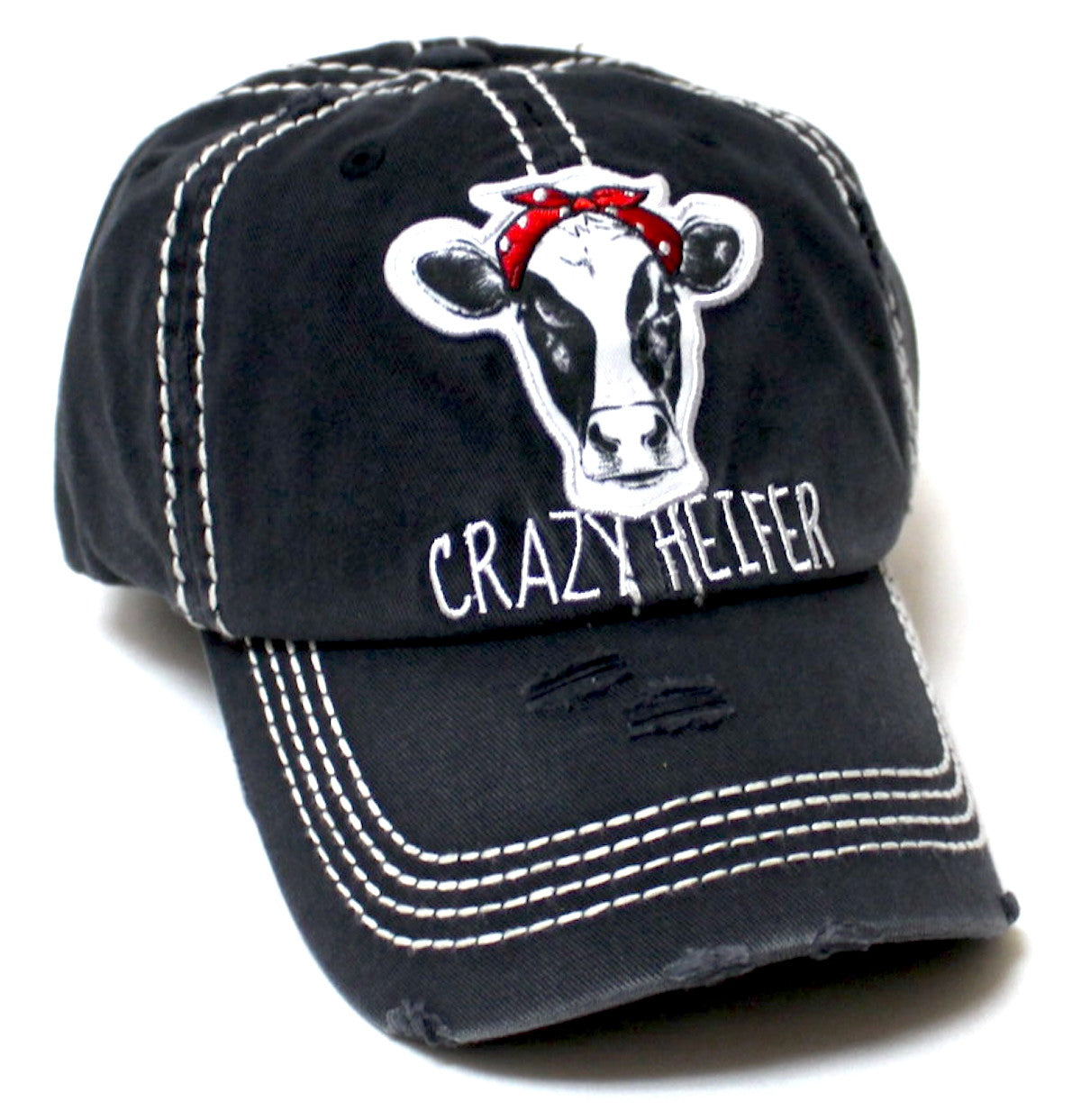 Onyx Black Crazy Heifer Cow Patch Embroidery Hat - Caps 'N Vintage 