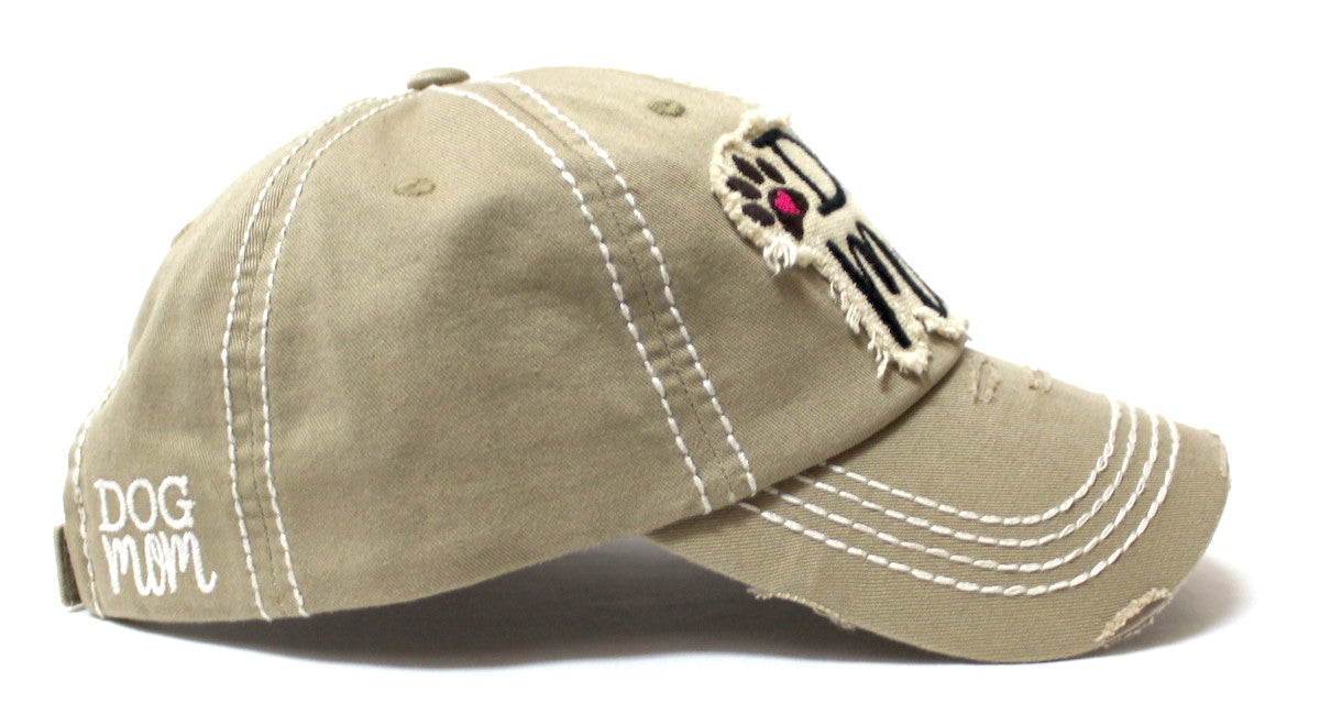 Women's Distressed Ballcap Dog Mom Puppy Love Patch Embroidery Hat, Army Khaki - Caps 'N Vintage 