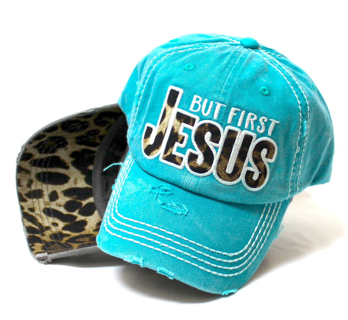 CAPS 'N VINTAGE Women's Distressed Leopard Ballcap But First Monogram Embroidery Hat, Turquoise Blue