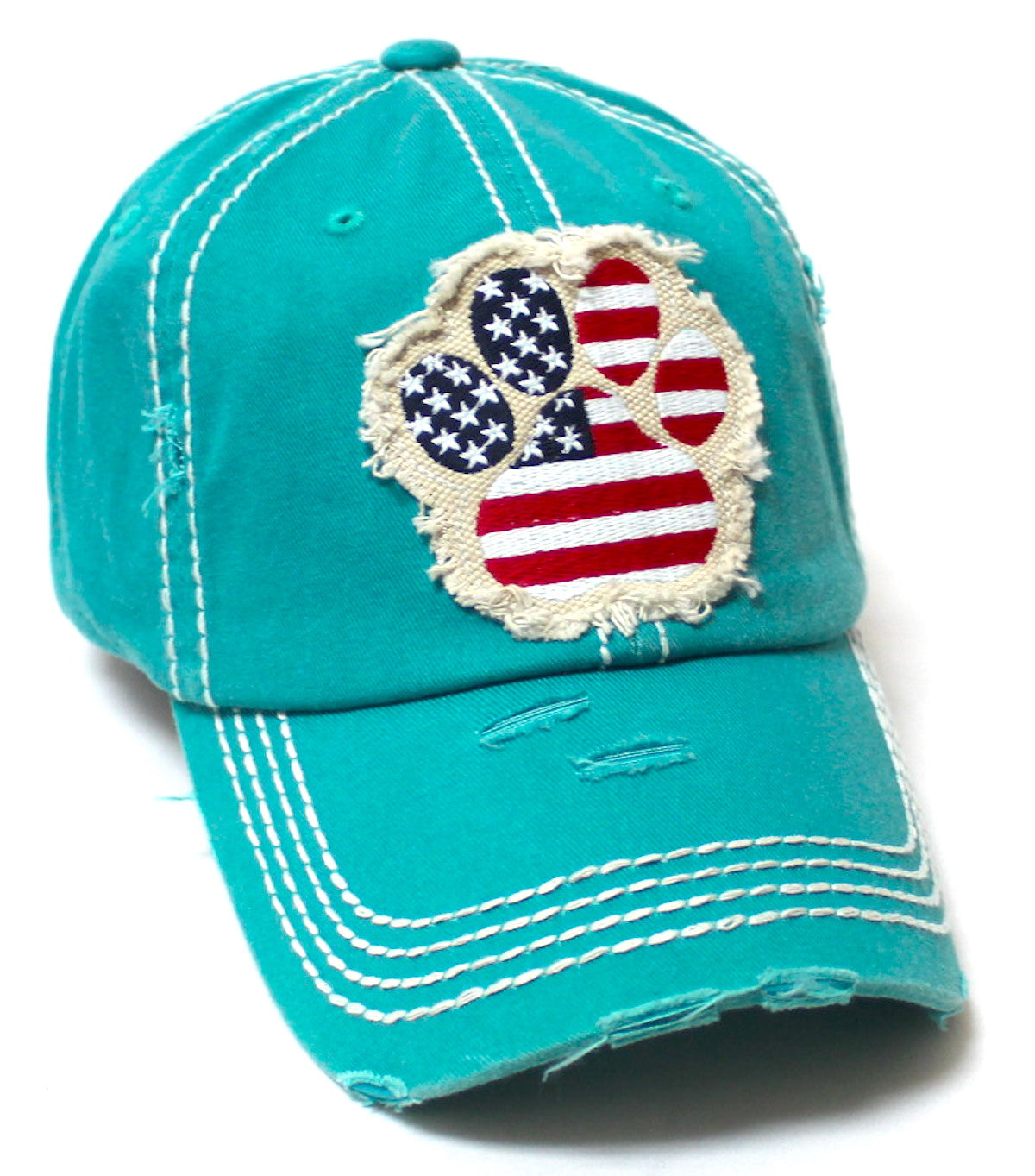Women's Ballcap American Flag Dog Paw Patch Embroidery Hat, Jewel Turquoise