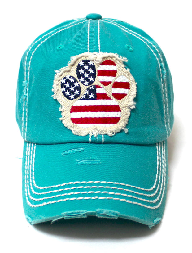 Women's Ballcap American Flag Dog Paw Patch Embroidery Hat, Jewel Turquoise