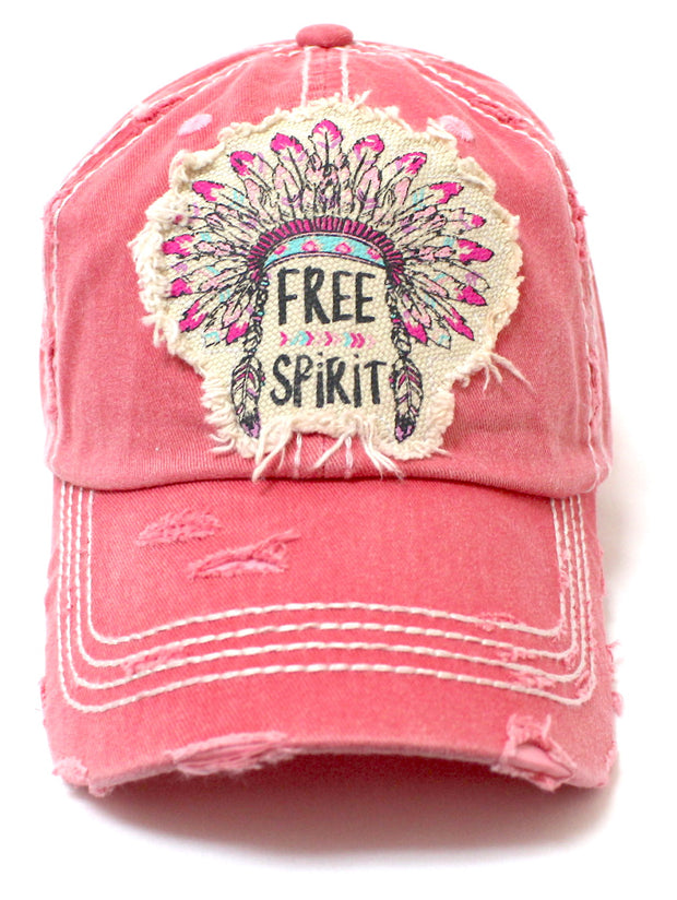 Coral Pink "FREE SPIRIT" CHIEF HEADDRESS Patchwork Vintage Baseball Hat - Caps 'N Vintage 