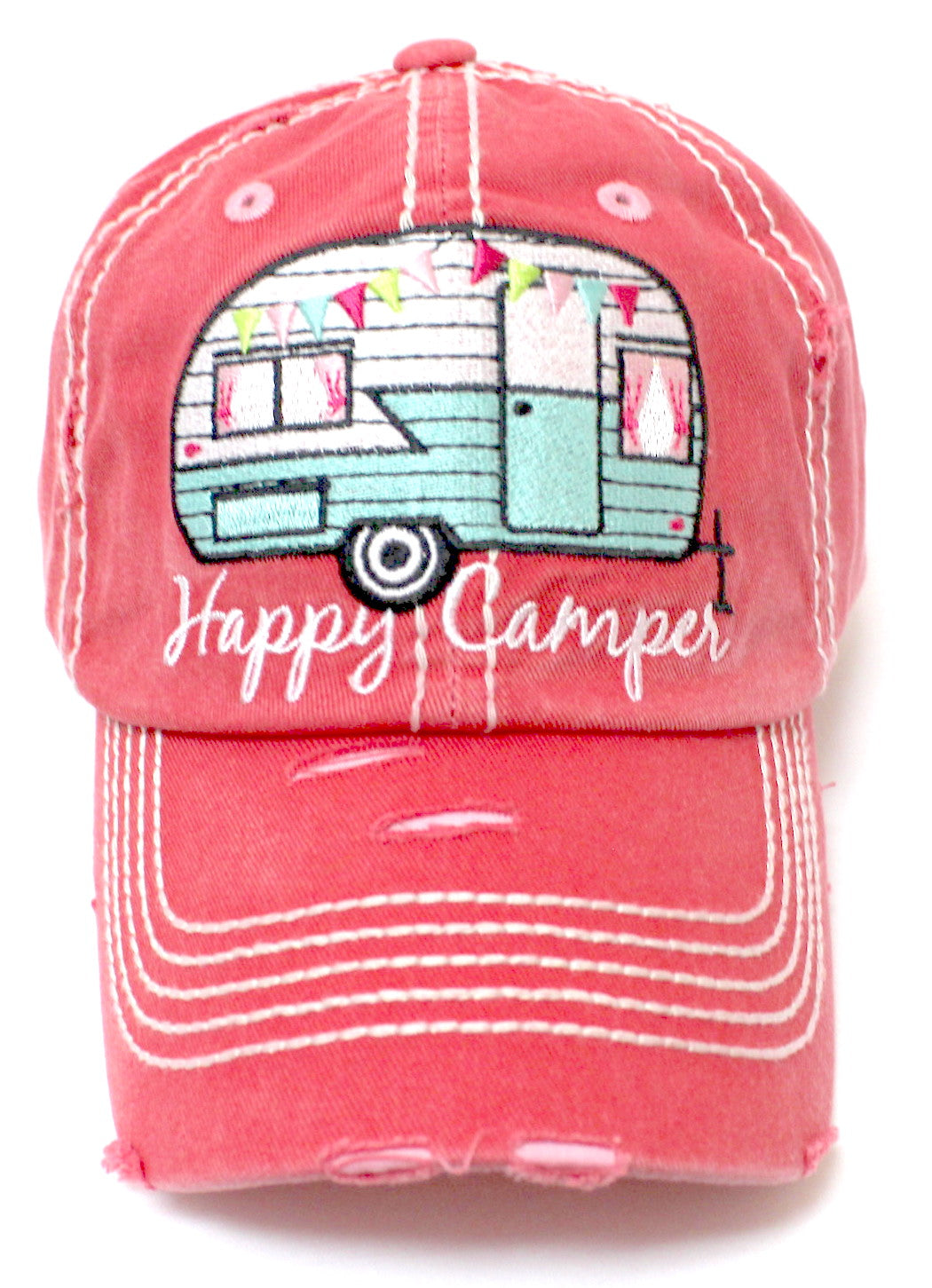 Rose Pink "Happy Camper" Distressed Embroidery Hat - Caps 'N Vintage 