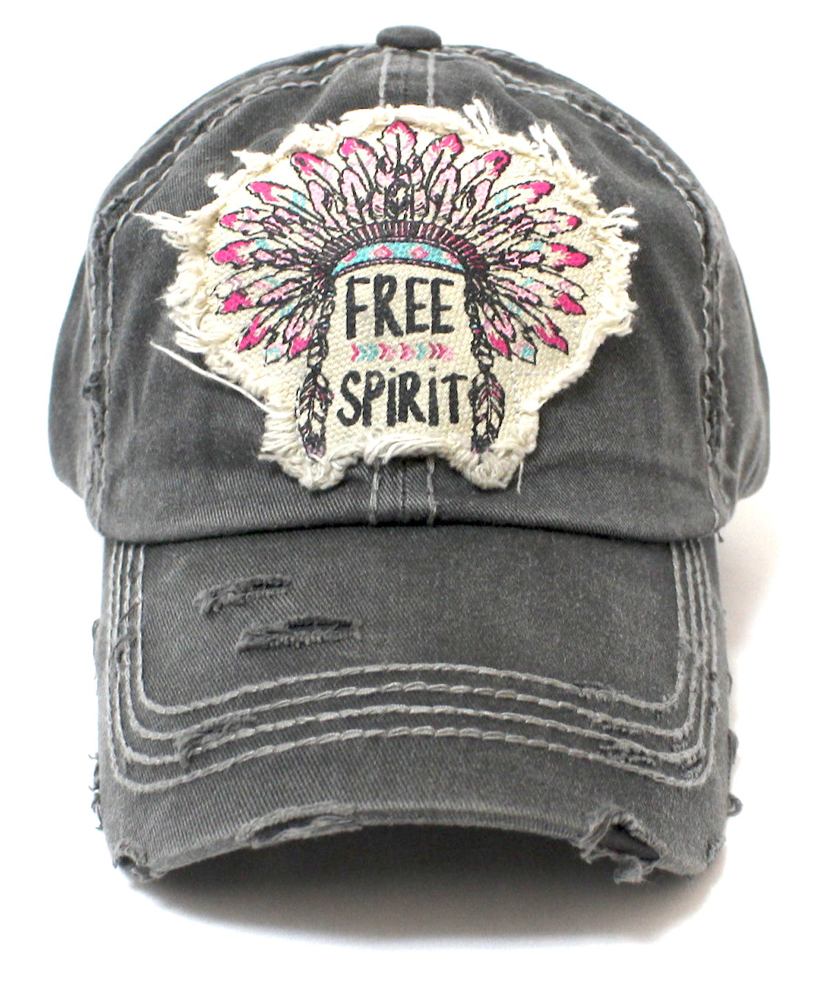 Charcoal Black "FREE SPIRIT" CHIEF HEADDRESS Patchwork Vintage Baseball Hat - Caps 'N Vintage 