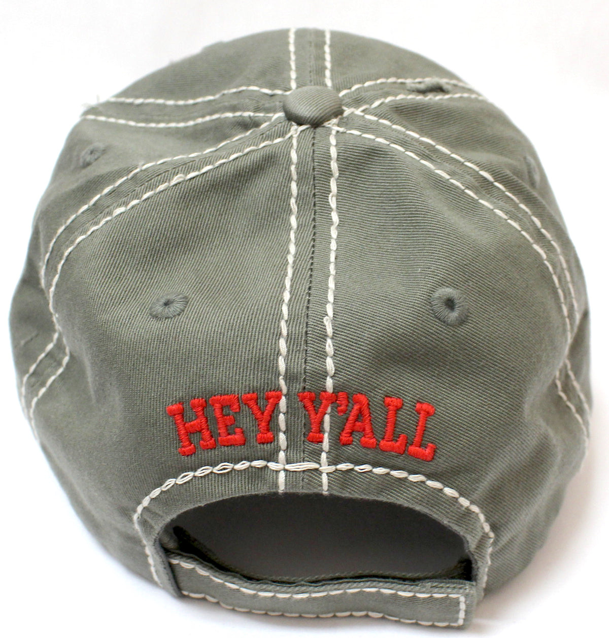 New!! MOSS "Hey Y'all!" Patch Embroidery Cap w/ Contrast Stitching & Distressed Details - Caps 'N Vintage 