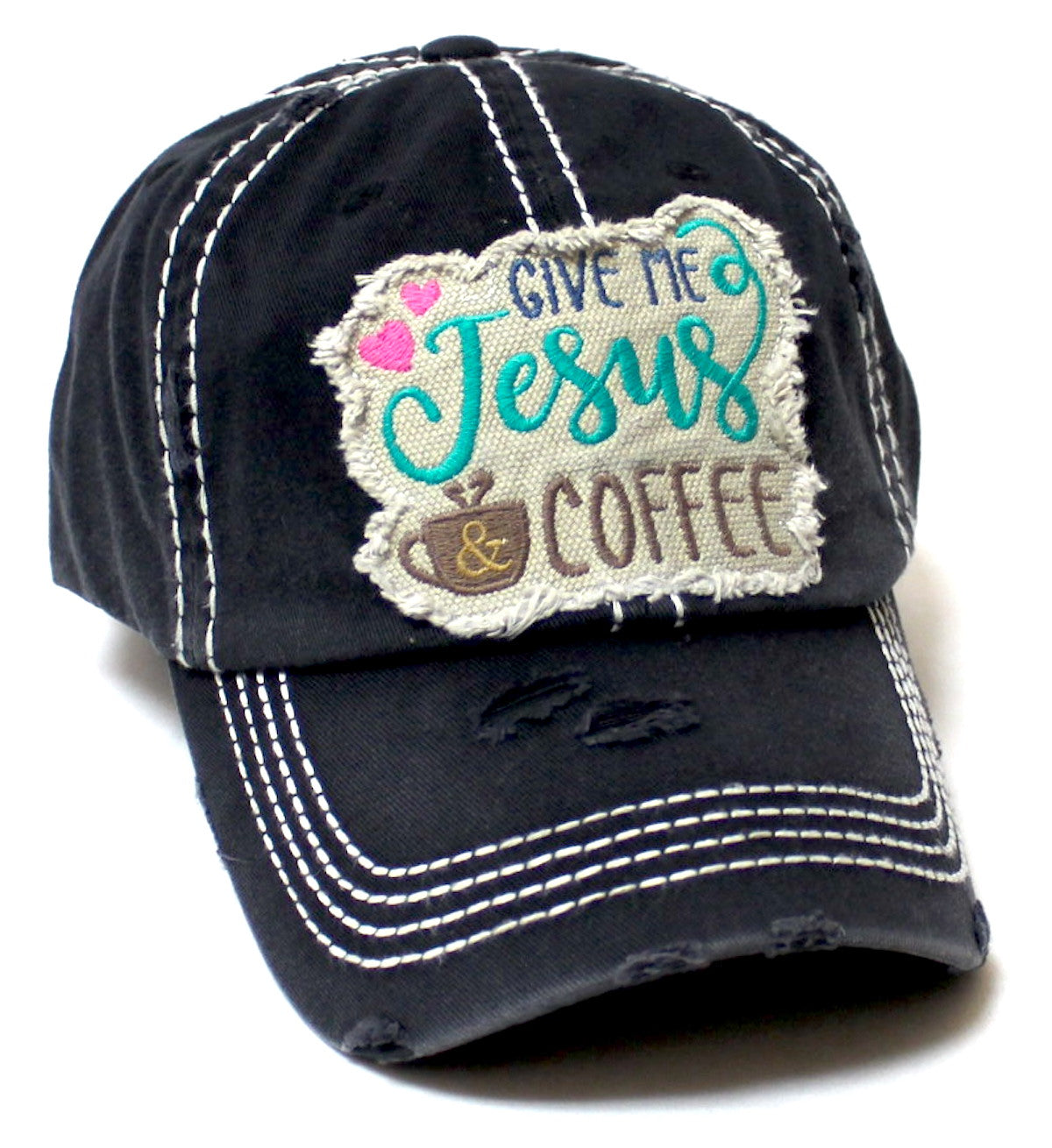 CAPS 'N VINTAGE Women's Ballcap Give Me Jesus & Coffee Patch Embroidery Monogram Hat, 2 Colors