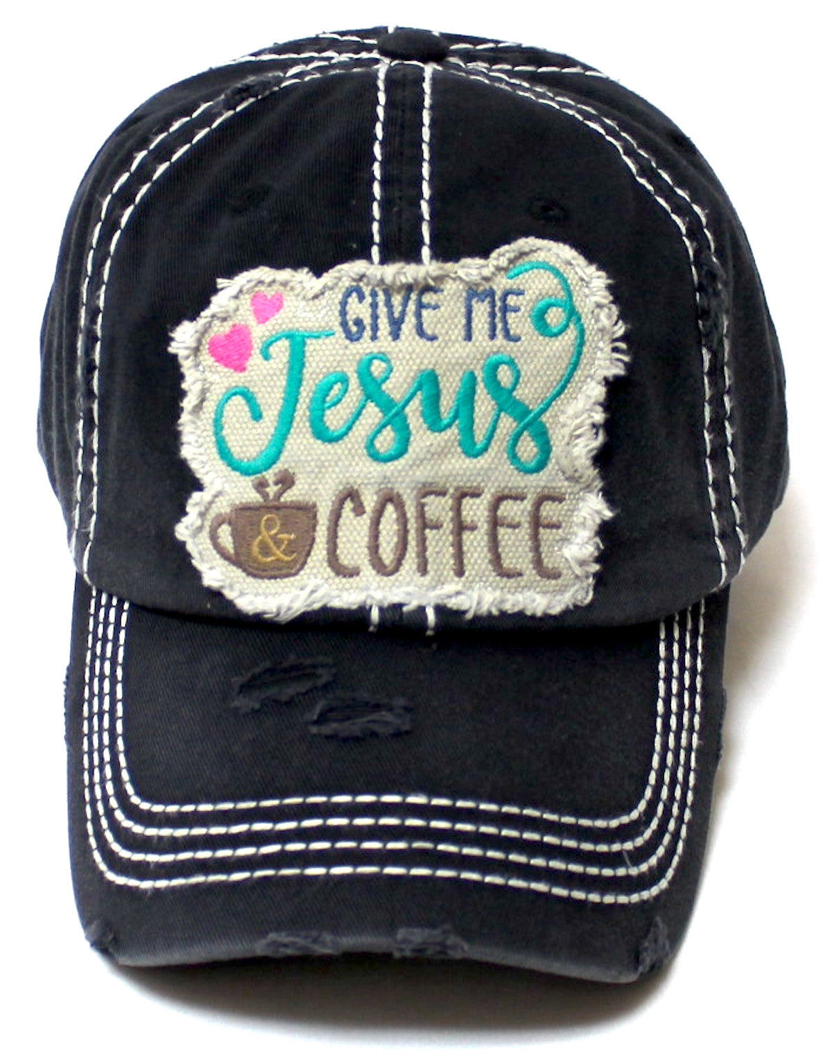 CAPS 'N VINTAGE Women's Ballcap Give Me Jesus & Coffee Patch Embroidery Monogram Hat, 2 Colors