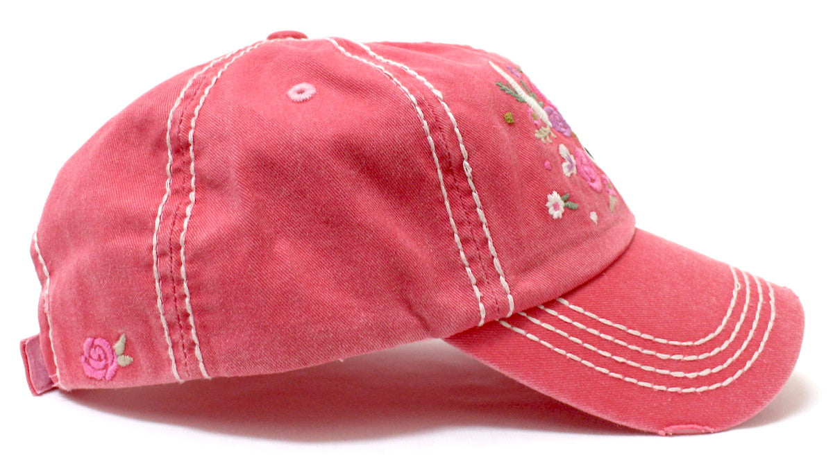 CAPS 'N VINTAGE Rose Pink Women's Floral Cow Skull Embroidery & Rose Detail Hat - Caps 'N Vintage 