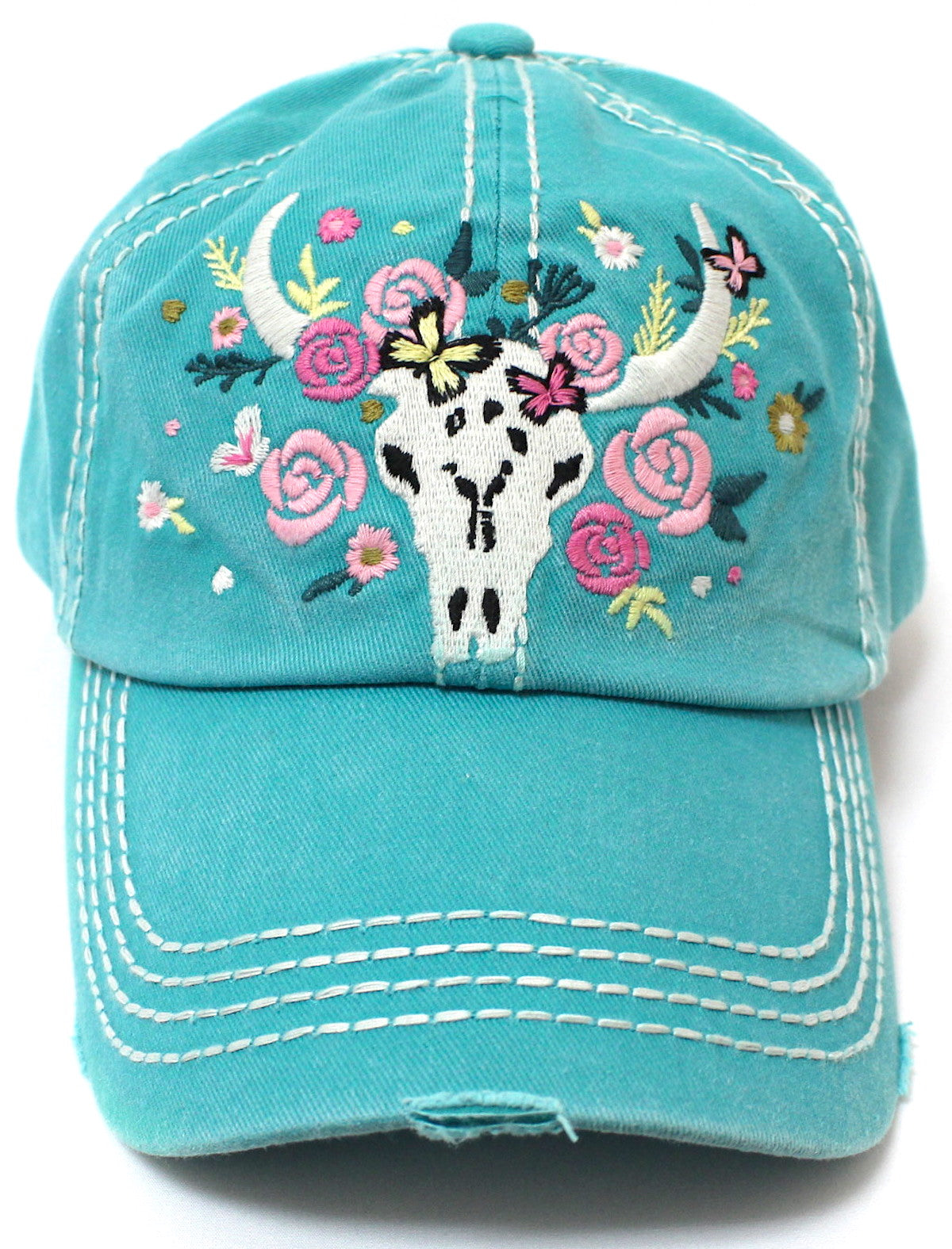 CAPS 'N VINTAGE Women's Floral Cow Skull Embroidery & Rose Detail Hat - Caps 'N Vintage 