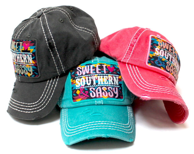 Women's Baseball Cap Sweet, Southern & Sassy Tribal Aztec Pattern Patch Embroidery Monogram Hat, Vintage Black