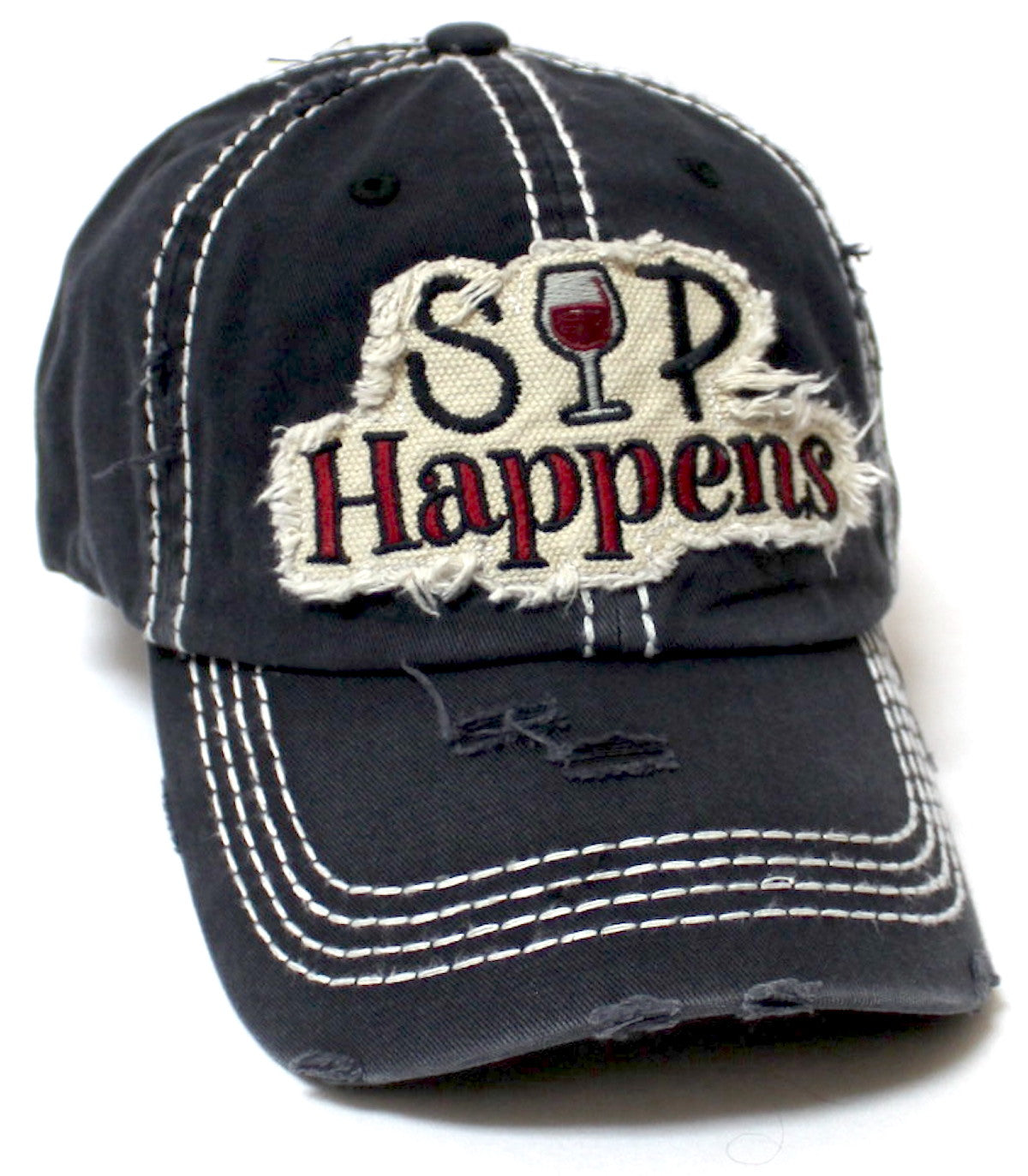 CAPS 'N VINTAGE Women's SIP Happens Wine Patch Embroidery Monogram Hat, Black