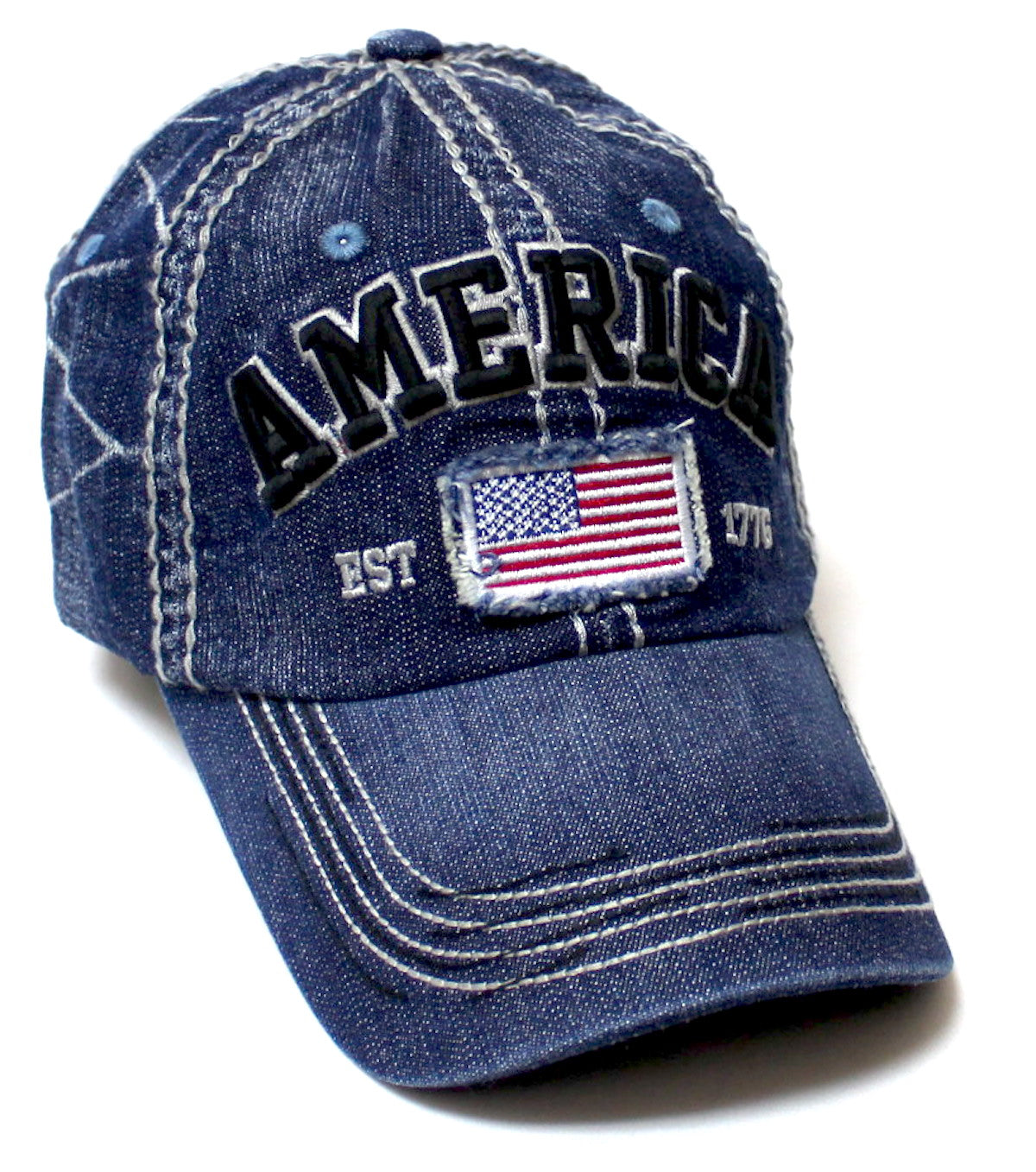 USA Vintage Baseball Cap America Est. 1776 in Denim, Turquoise & Navy Blue