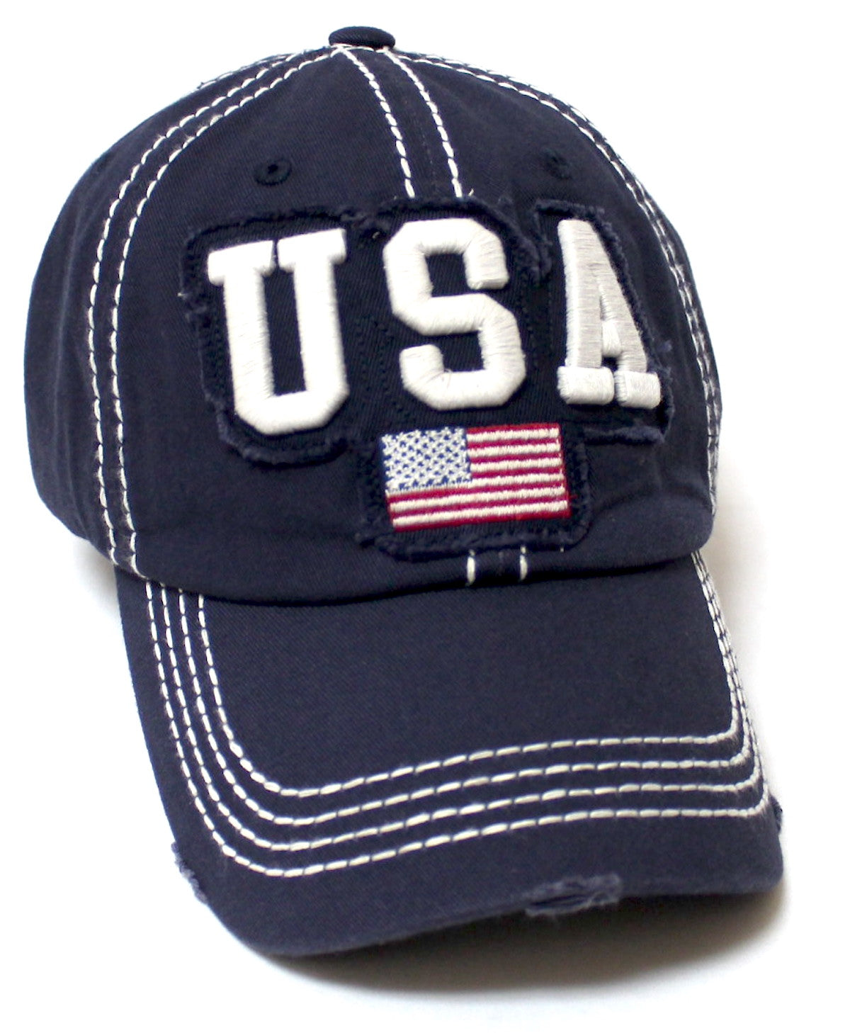 CAPS 'N VINTAGE Unisex USA Distressed Baseball Cap American Flag Patch Embroidery Monogram Hat
