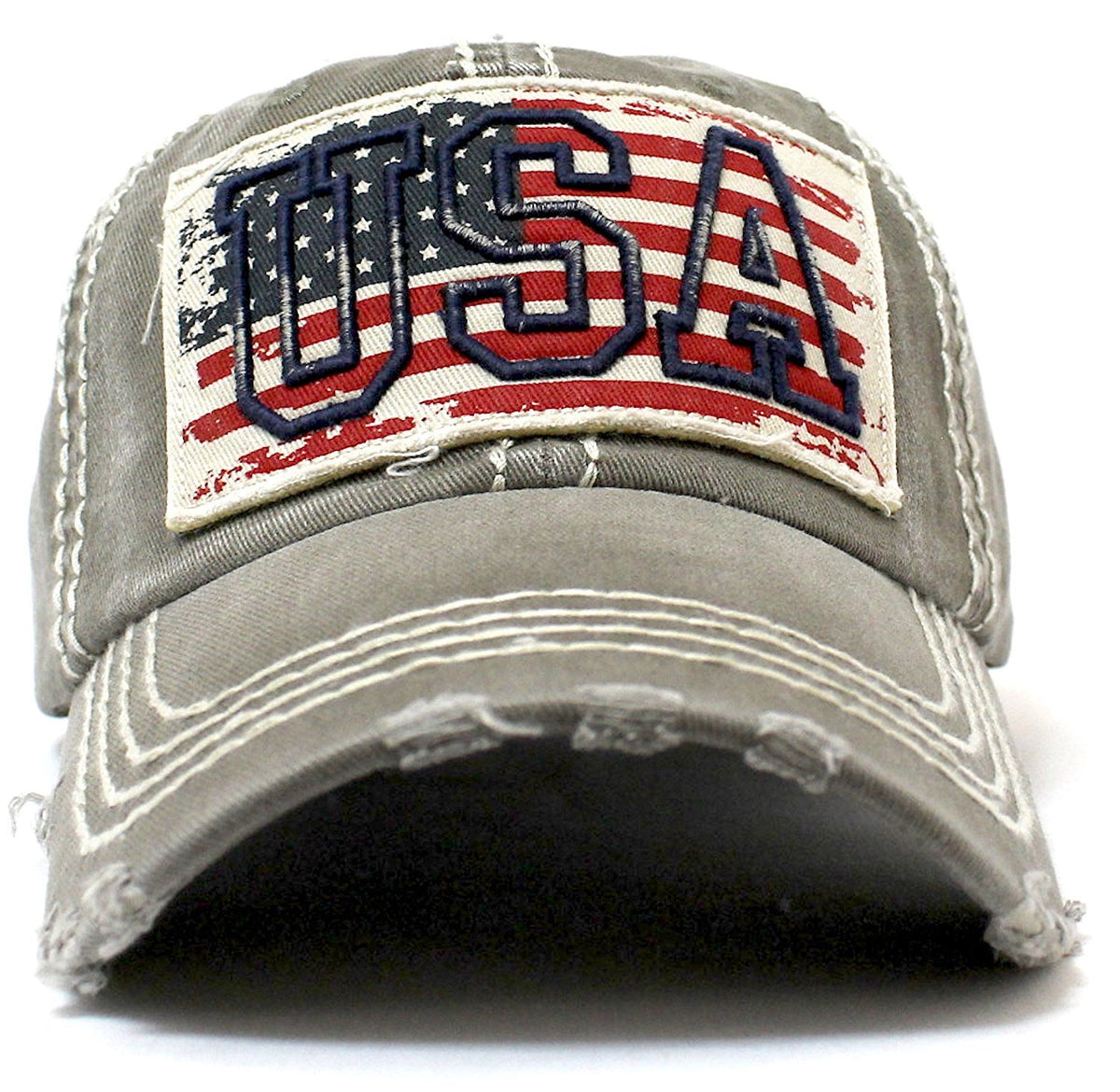 Vintage Red, White, & Blue Flag Patch Baseball Cap w/ "USA" Stitch Embroidery Overlay - Caps 'N Vintage 
