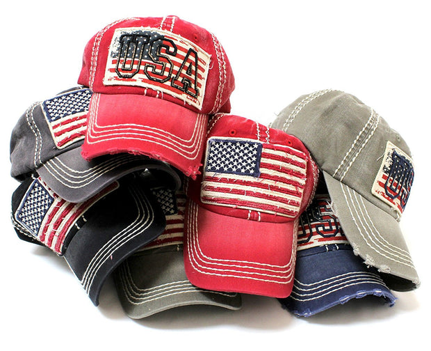 Vintage Red, White, & Blue Flag Patch Baseball Cap w/ "USA" Stitch Embroidery Overlay - Caps 'N Vintage 