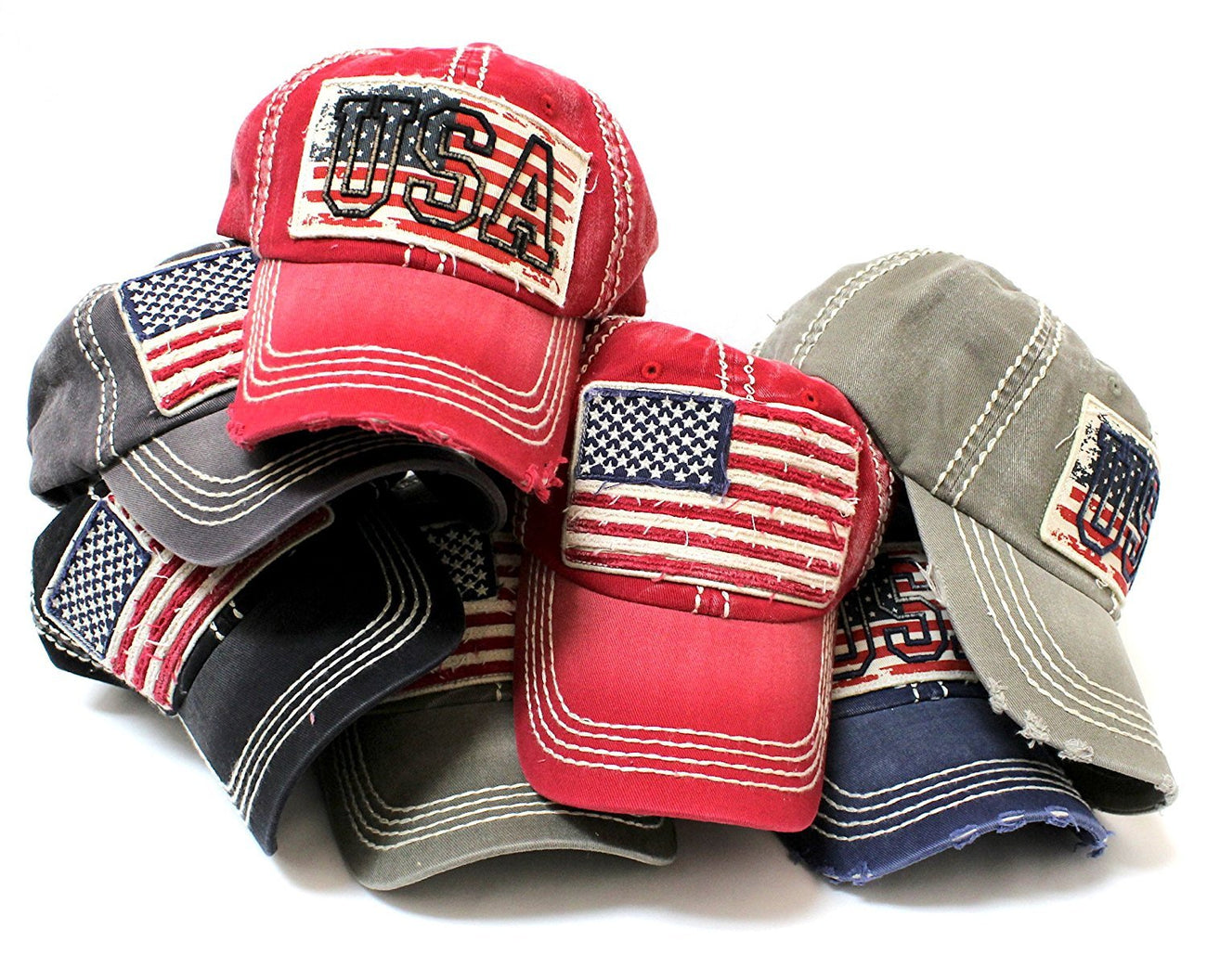 Vintage Red, White, & Blue Flag Patch Baseball Cap w/ "USA" Stitch Embroidery Overlay - Caps 'N Vintage 