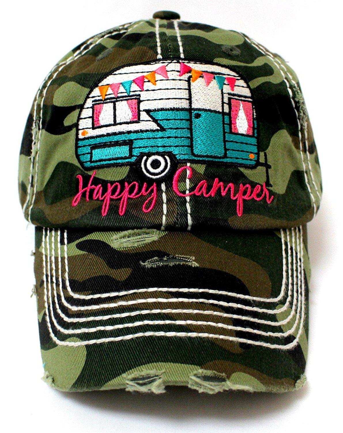 Army Camo "Happy Camper" Distressed Embroidery Hat - Caps 'N Vintage 