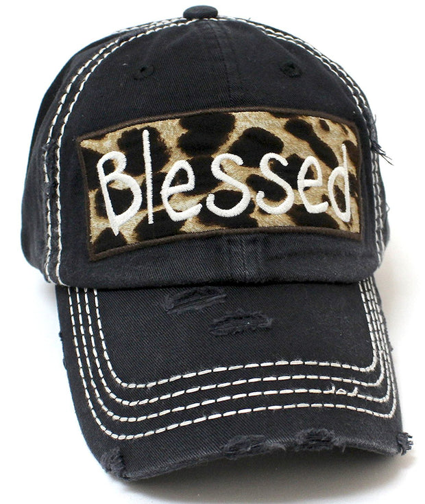 BLACK "BLESSED" Leopard Patch Embroidery Vintage Hat - Caps 'N Vintage 