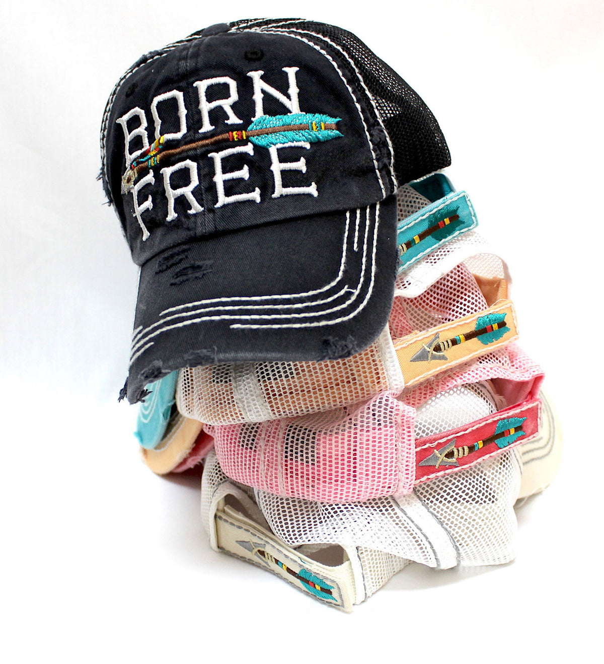 BLACK "BORN FREE" Embroidery Patch Cap, Black Mesh Back Trucker Hat - Caps 'N Vintage 