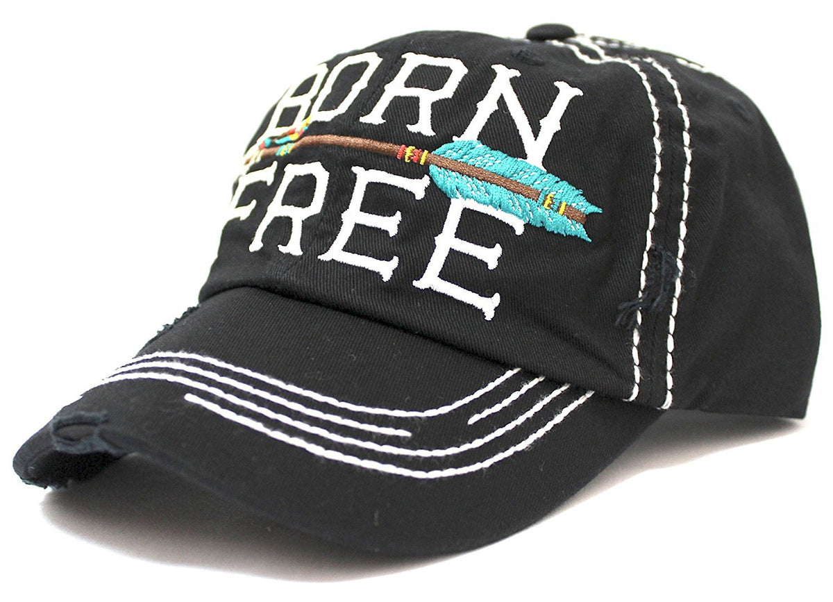 BLACK "BORN FREE" Women's Distressed Baseball Cap w/ Adjustable Arrow Detailed Back - Caps 'N Vintage 