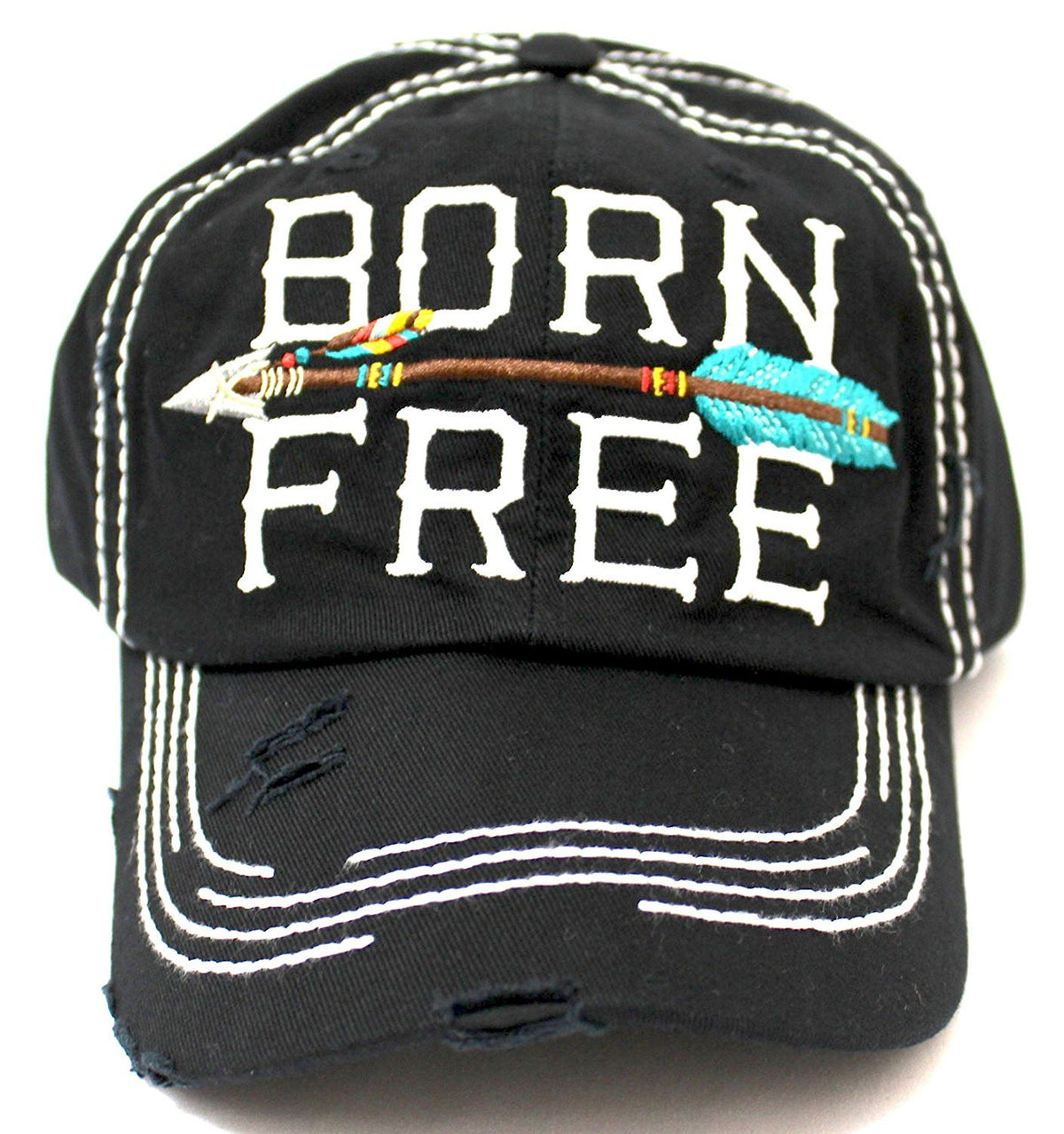 BLACK "BORN FREE" Women's Distressed Baseball Cap w/ Adjustable Arrow Detailed Back - Caps 'N Vintage 