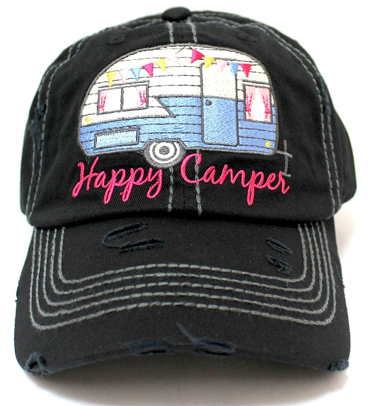 BLACK "Happy Camper" Embroidery Distressed Vintage Cap - Caps 'N Vintage 