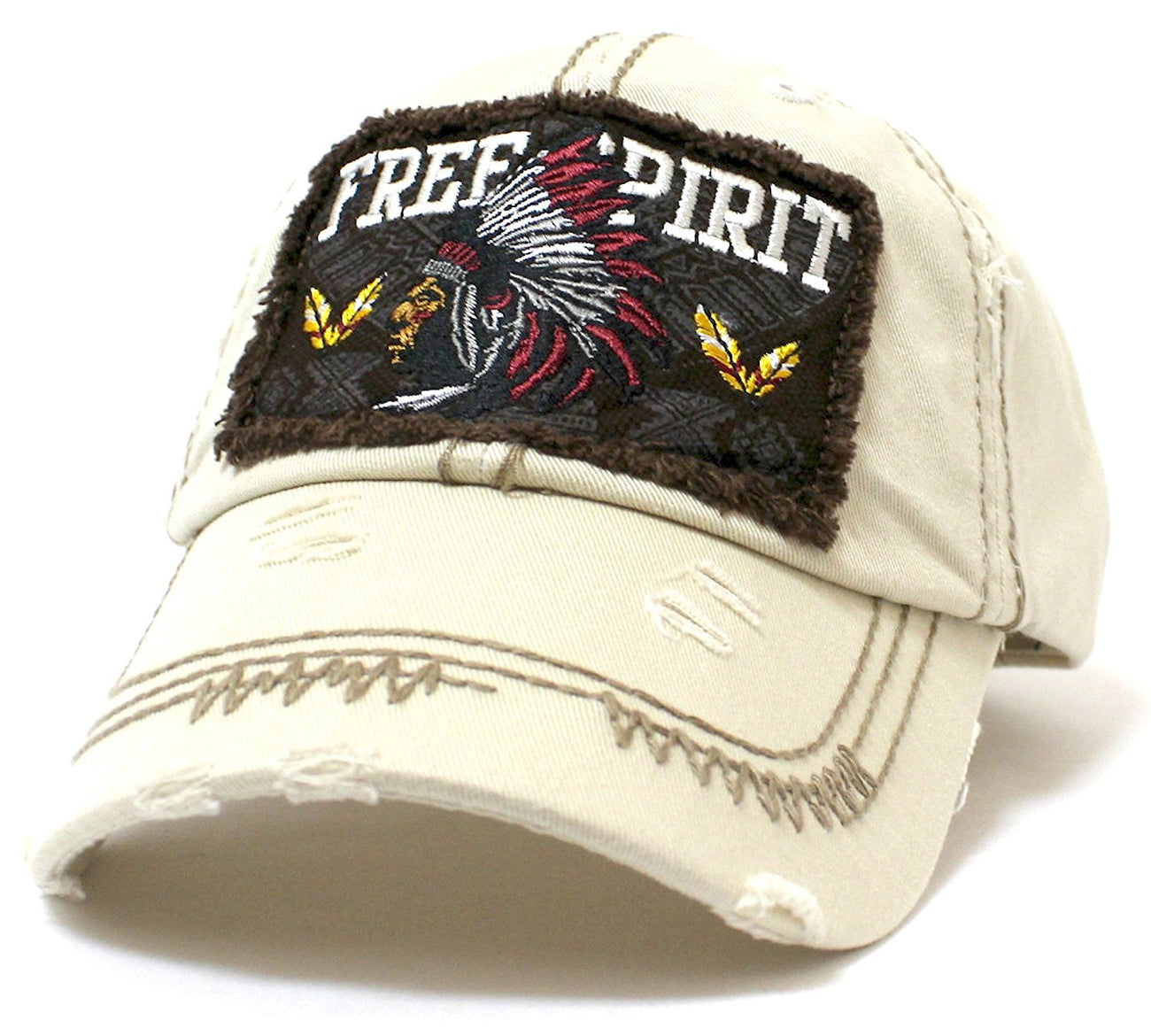 Bone "FREE SPIRIT" Tribal Chief Patch on Distressed, Adjustable Vintage Cap - Caps 'N Vintage 