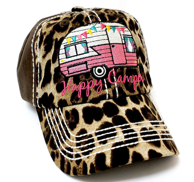 BROWN & LEOPARD "Happy Camper" Embroidery Patch Vintage Hat - Caps 'N Vintage 