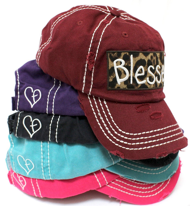 BURGUNDY "BLESSED" Leopard Patch Embroidery Vintage Hat - Caps 'N Vintage 