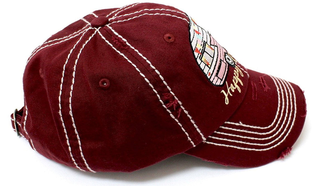 Burgundy "Happy Camper" Distressed Embroidery Hat - Caps 'N Vintage 