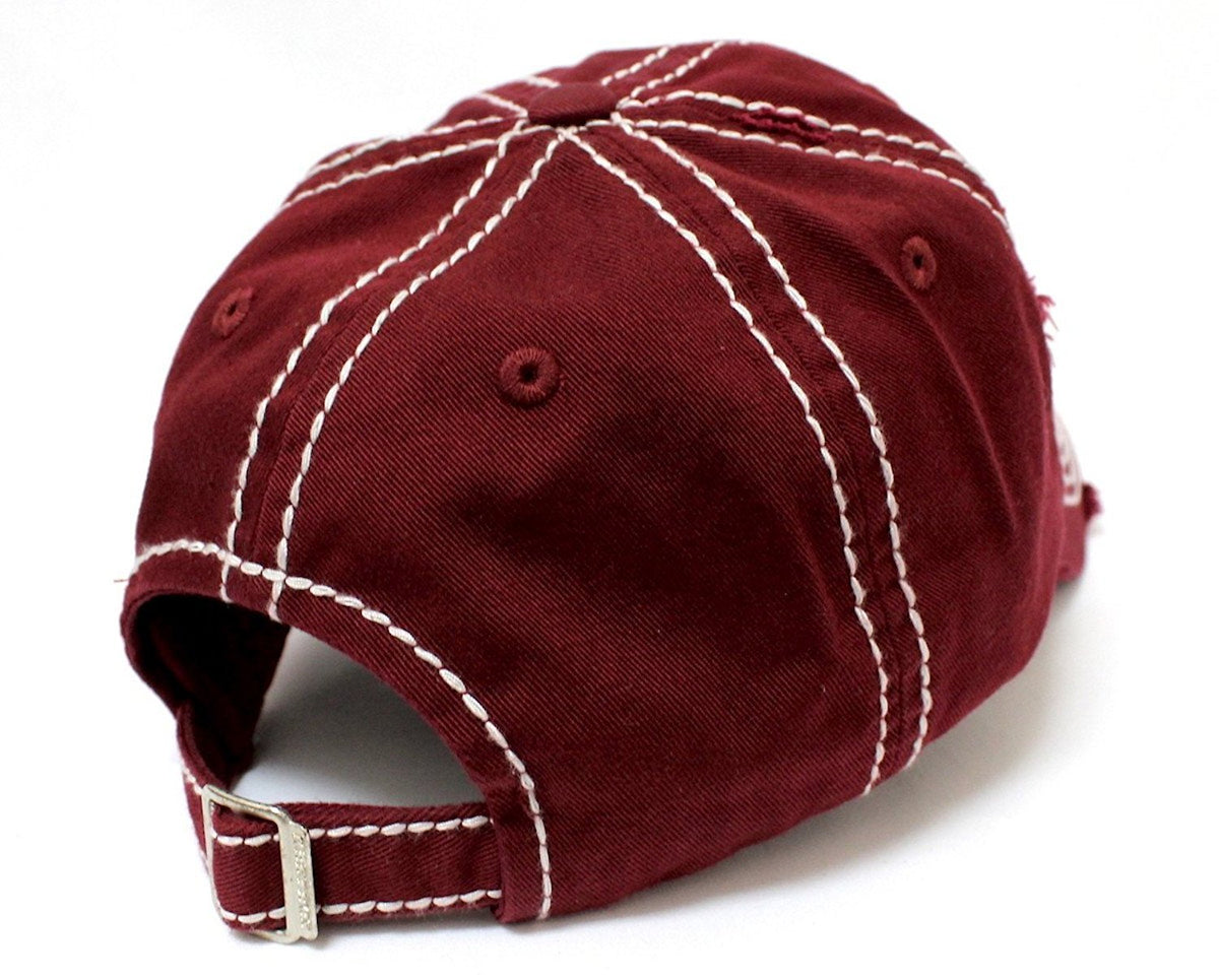 Burgundy "Happy Camper" Distressed Embroidery Hat - Caps 'N Vintage 
