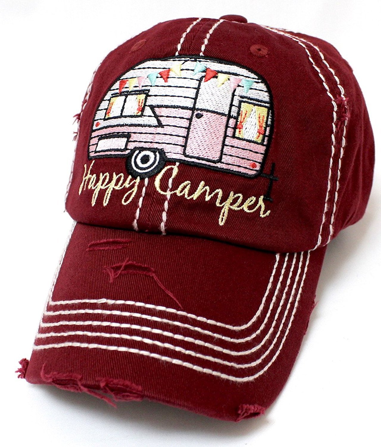 Burgundy "Happy Camper" Distressed Embroidery Hat - Caps 'N Vintage 